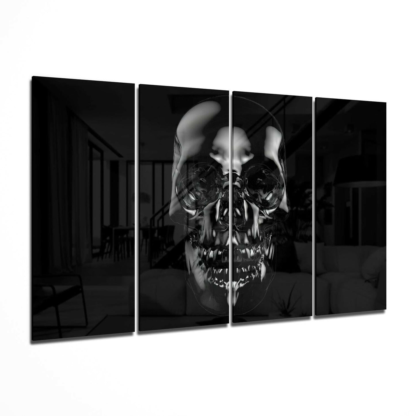 Skull motif 4-piece glass wall art displayed on a wall