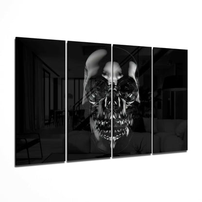 Skull motif 4-piece glass wall art displayed on a wall