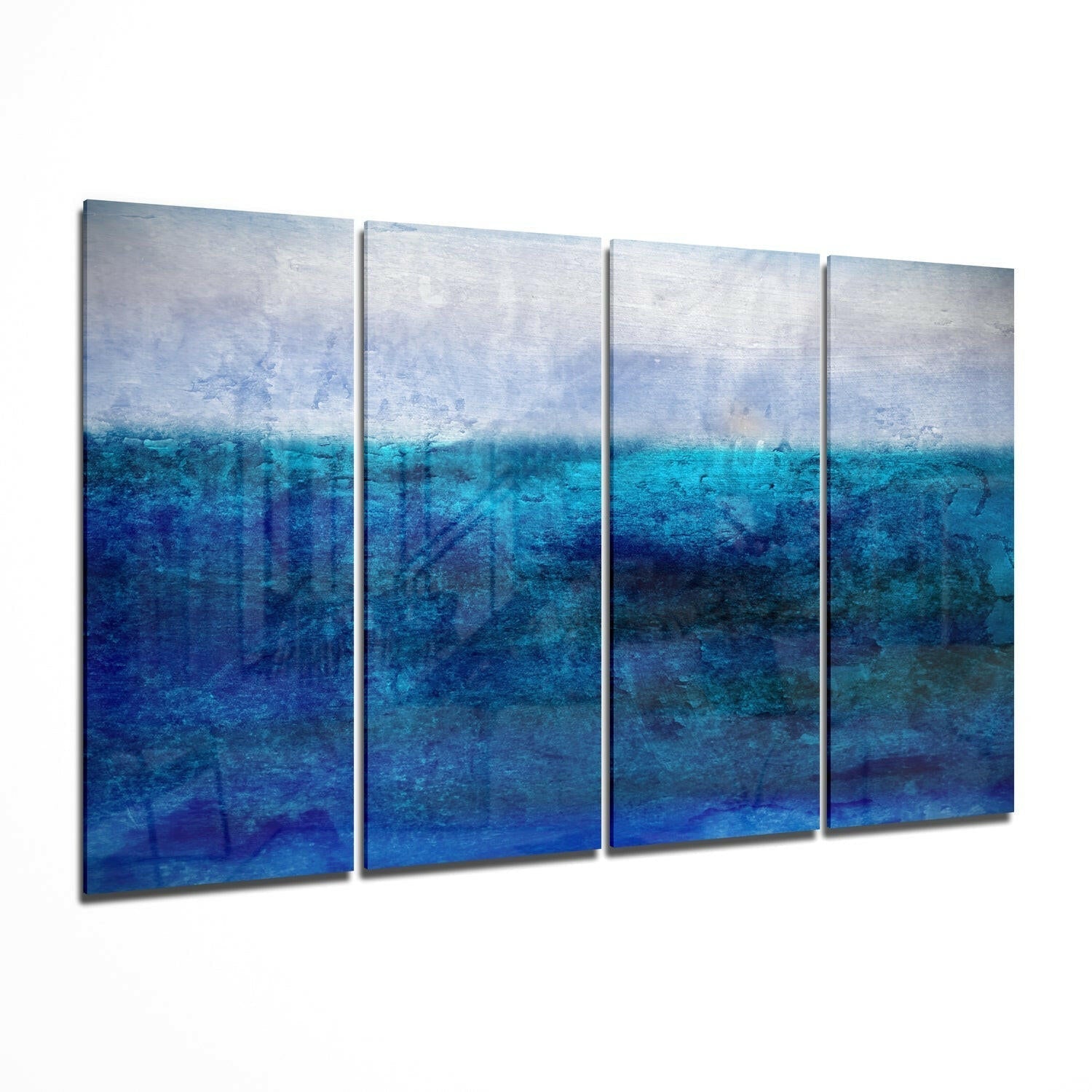 Blue Horizon glass wall art hanging in a modern living room