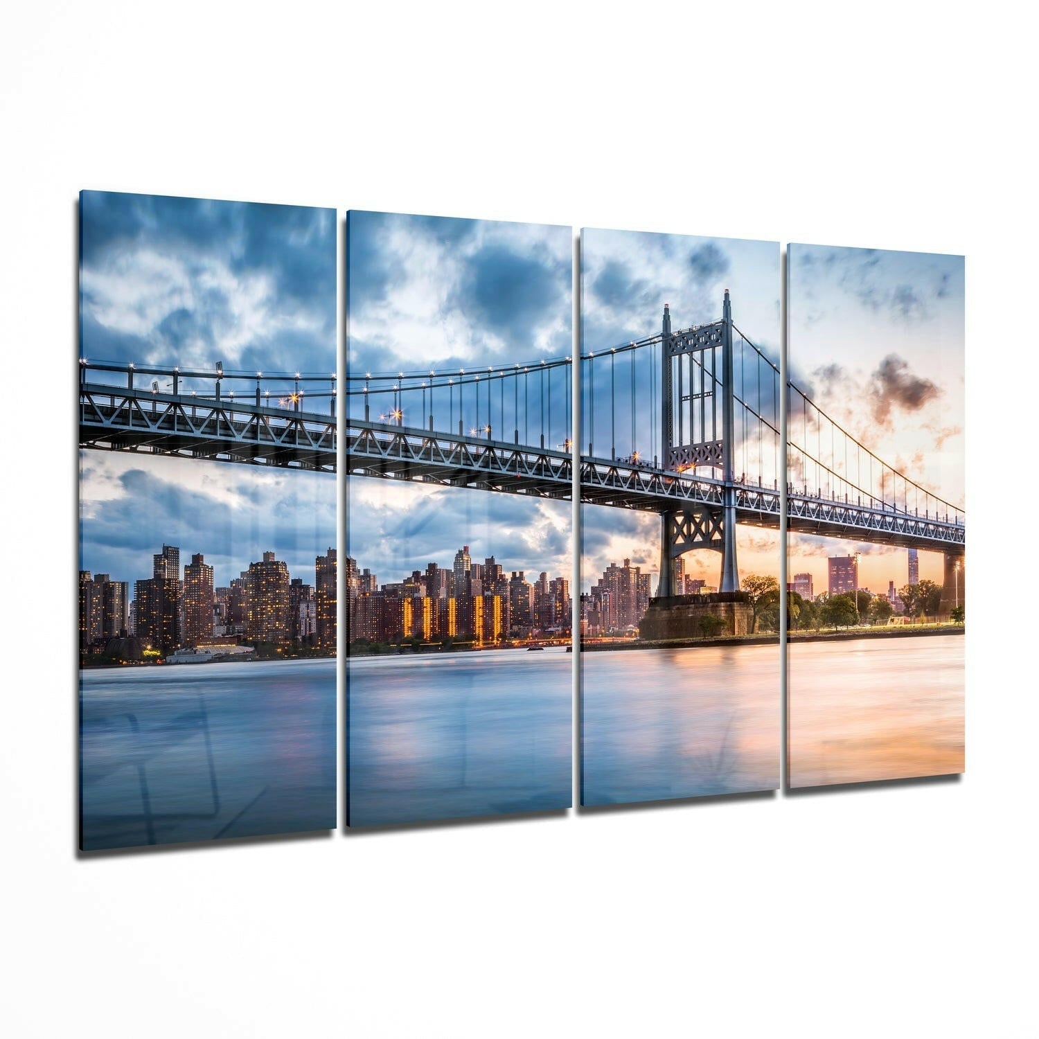 Sunset in Manhattan skyline 4-piece glass wall art on a wall