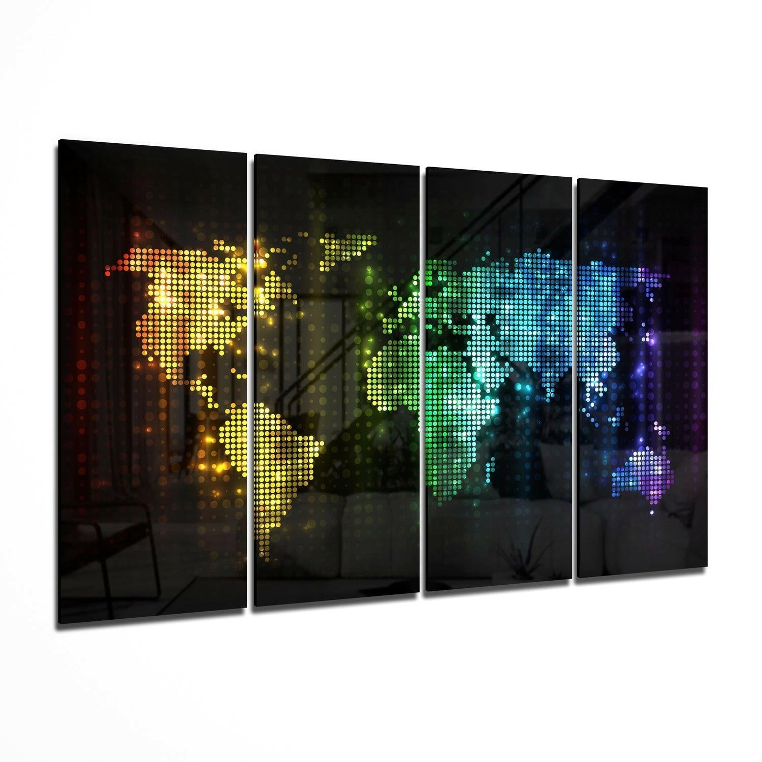 World Map glass wall art hanging in a modern living room