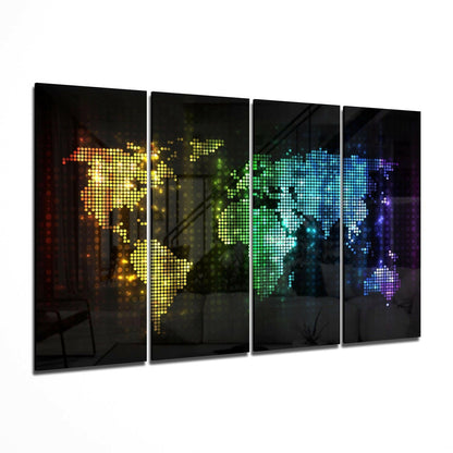 World Map glass wall art hanging in a modern living room
