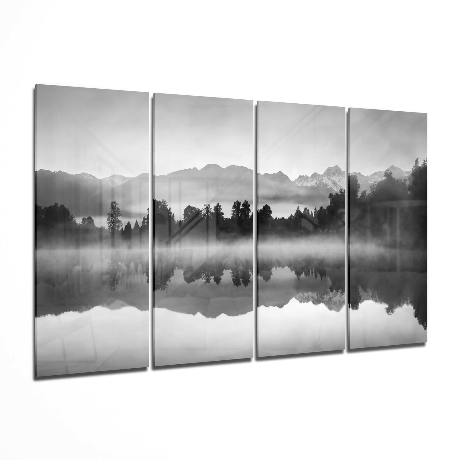 Foggy View landscape 4-piece glass wall art on a wall