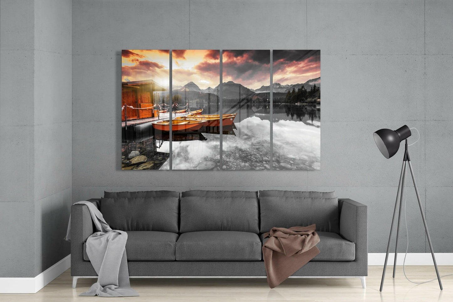 Sunset and Boats 4 Pieces Mega Glass Wall Art