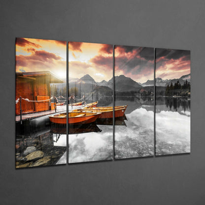 Sunset and Boats 4 Pieces Mega Glass Wall Art