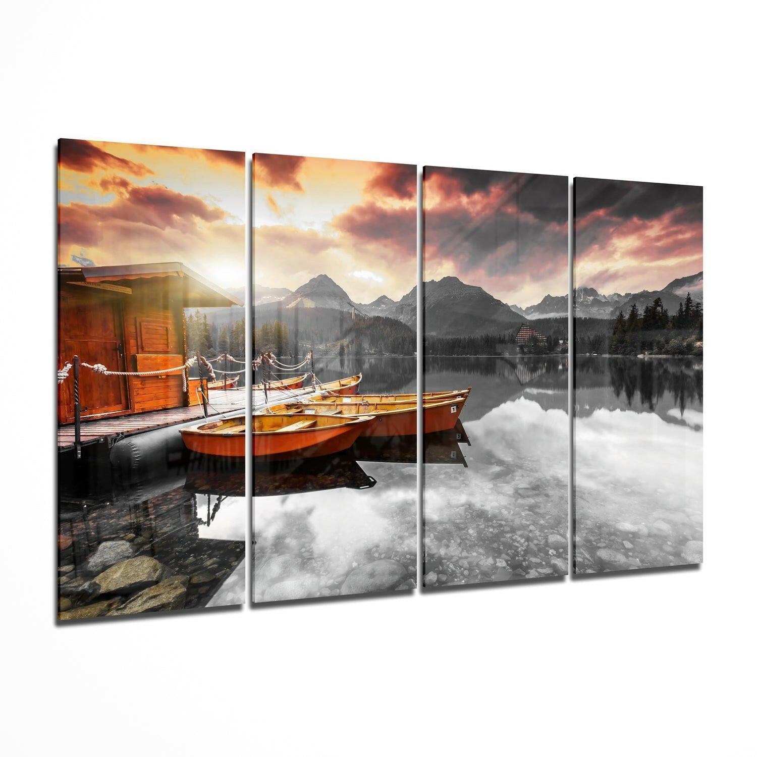 Sunset and Boats 4 piece glass wall art set