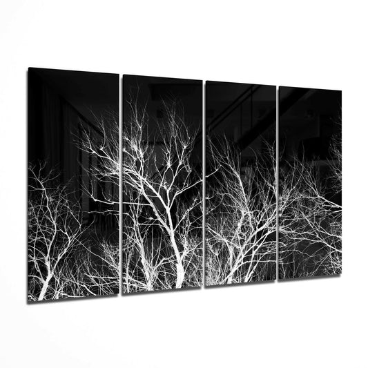 Night Trees glass wall art with a moody forest silhouette design