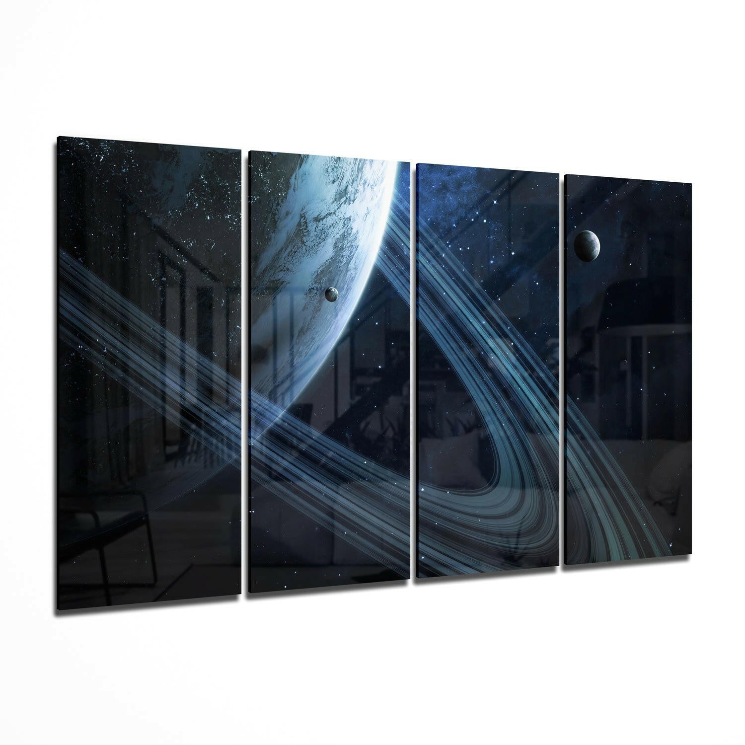 Saturn glass wall art featuring the ringed planet in vivid color