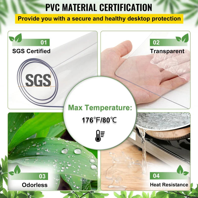 PVC table protector material certification showing SGS approval and heat resistance