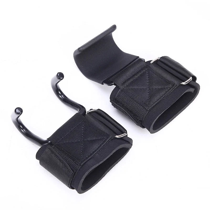 Pair of black padded wrist straps with metal hooks for weightlifting and pull-up bar exercises flat lay view