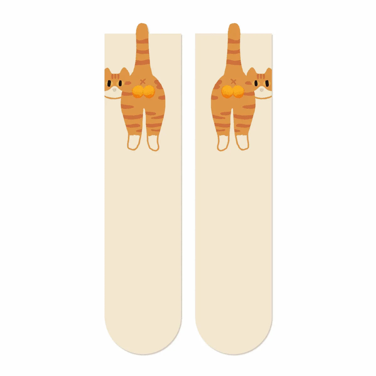 Pair of socks with cat pom pom design on a beige background