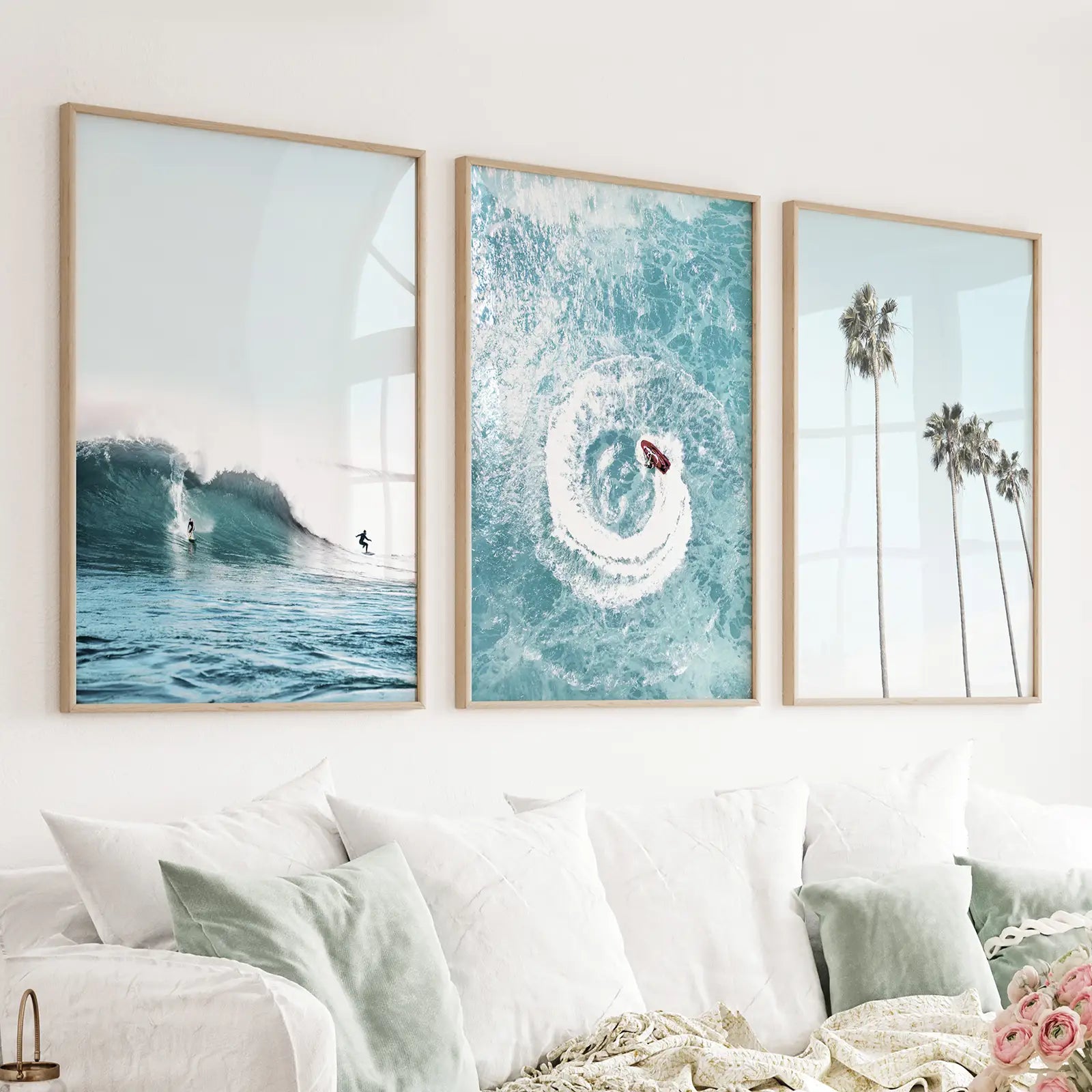 Blue ocean coastal wall art set of 3 with palm trees, surfers, and waves