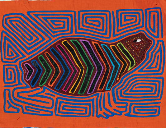 Hand-stitched Panama mola tapestry of a rainbow beluga whale, colorful folk-art fabric wall hanging