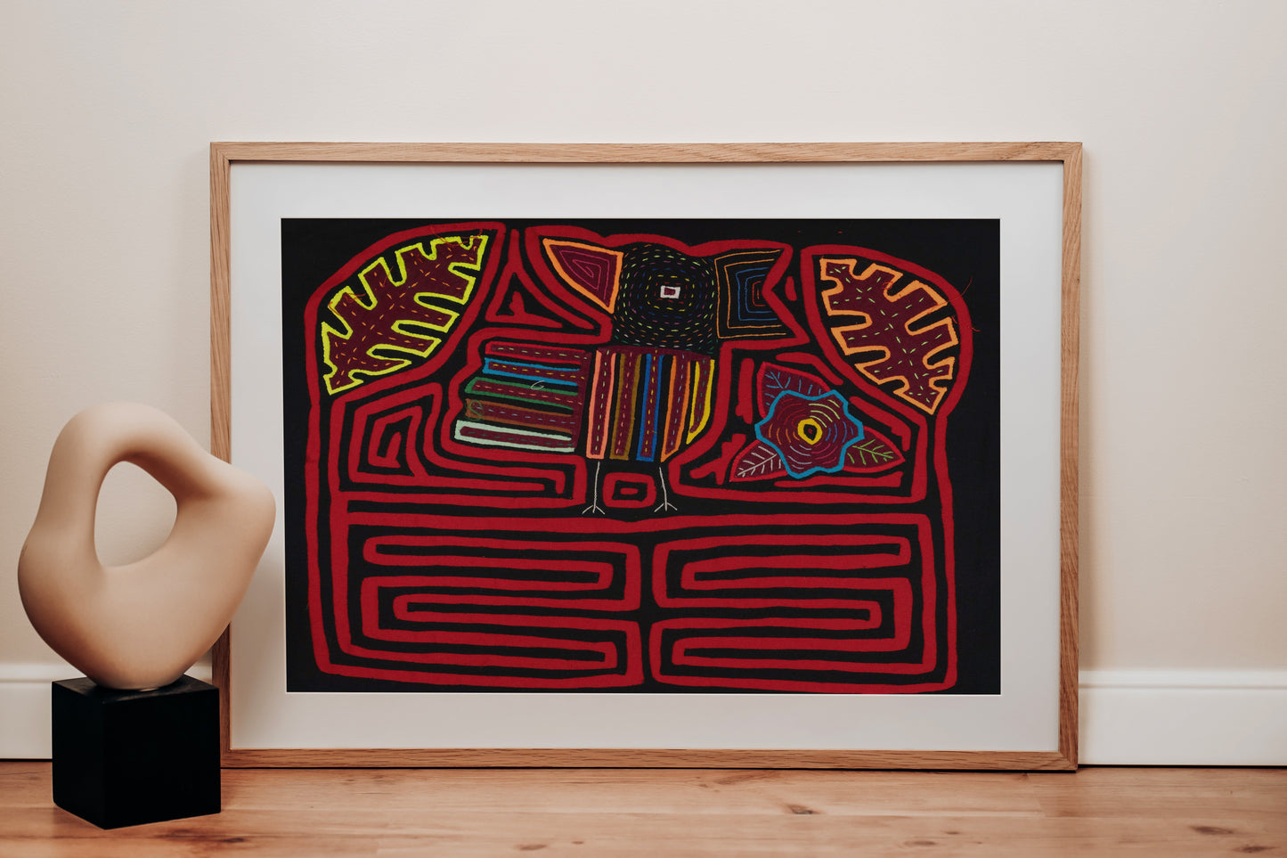 Red and Black Songbird Mola Tapestry Wall Hanging