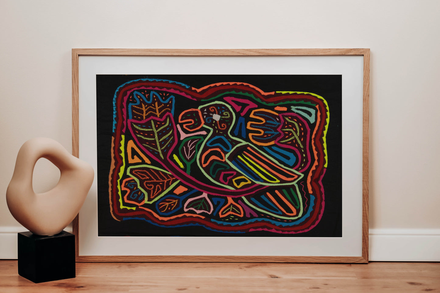Parrot in Birdcage Mola Tapestry Folk Art Wall Hanging