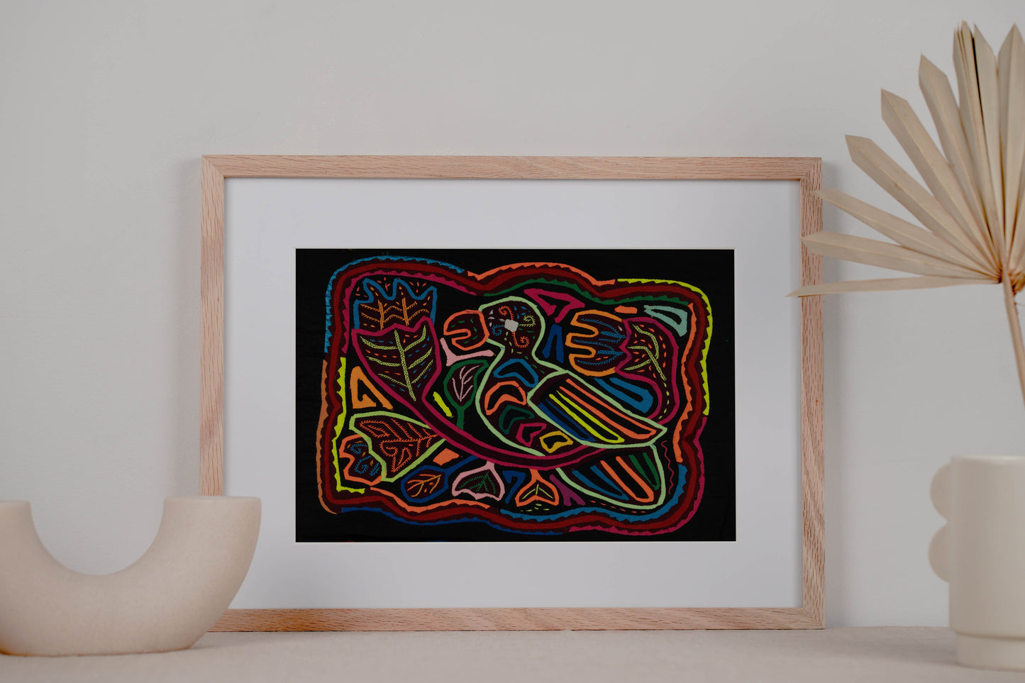 Parrot in Birdcage Mola Tapestry Folk Art Wall Hanging