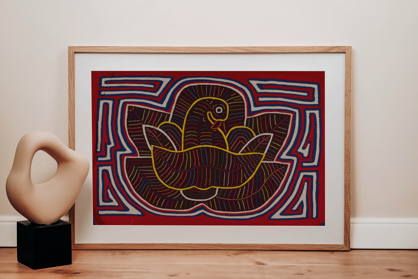 Red White and Blue Bird in Flower Mola Tapestry Wall Hanging