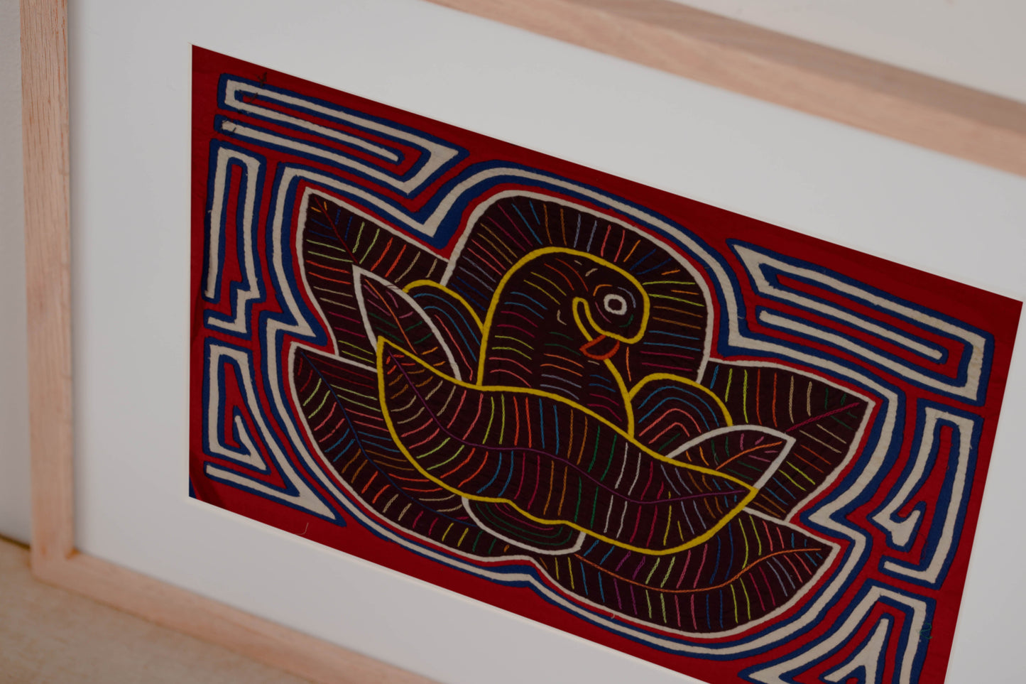 Red White and Blue Bird in Flower Mola Tapestry Wall Hanging