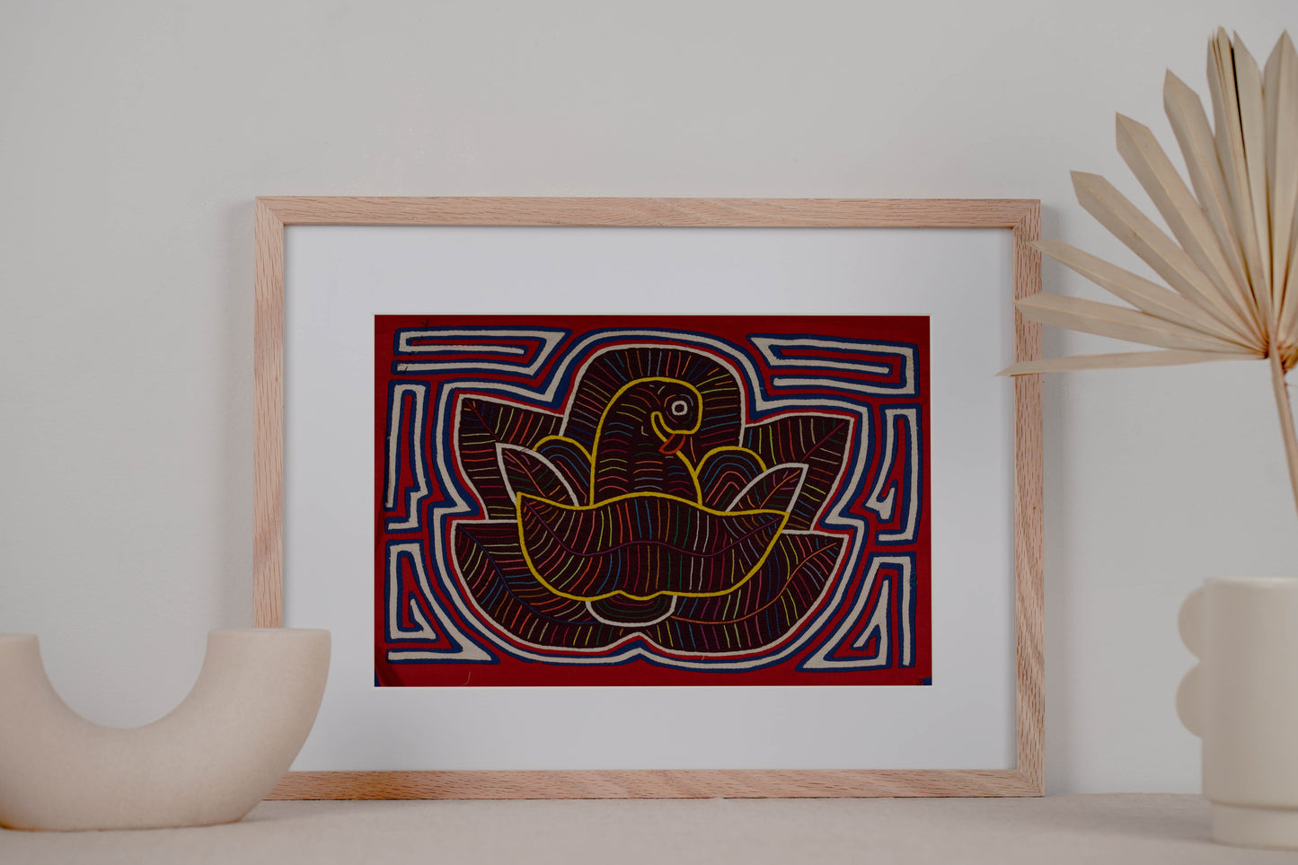 Red White and Blue Bird in Flower Mola Tapestry Wall Hanging