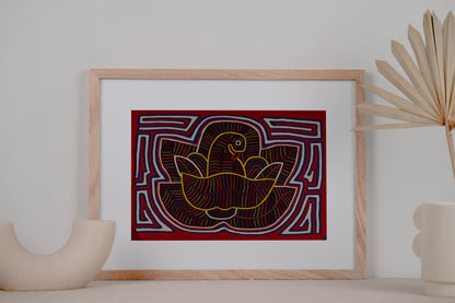 Red White and Blue Bird in Flower Mola Tapestry Wall Hanging
