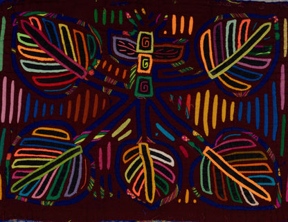 Hand-stitched Panama mola tapestry with a burgundy and blue jungle floral, colorful folk-art fabric wall hanging