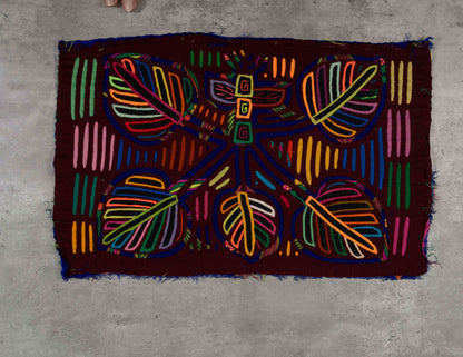 Burgundy and Blue Jungle Floral Mola Tapestry Wall Hanging