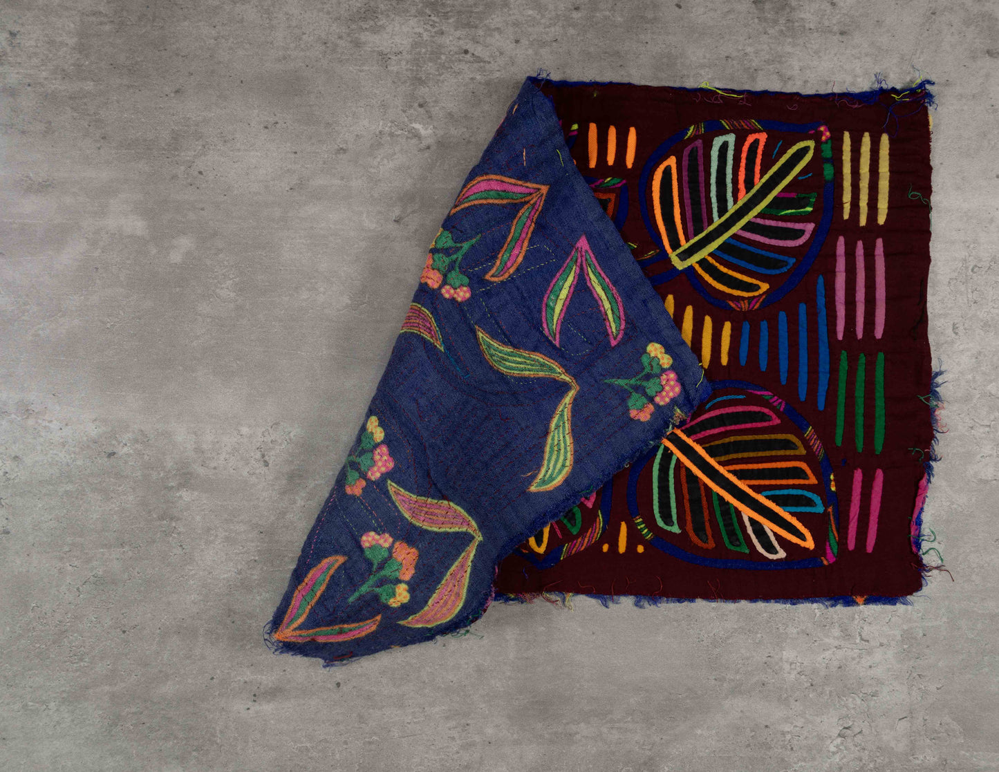 Burgundy and Blue Jungle Floral Mola Tapestry Wall Hanging