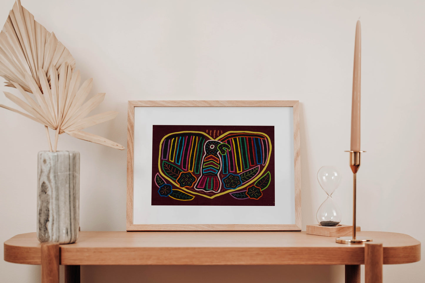 Rainbow Heart Bird Mola Tapestry Folk Art Wall Hanging