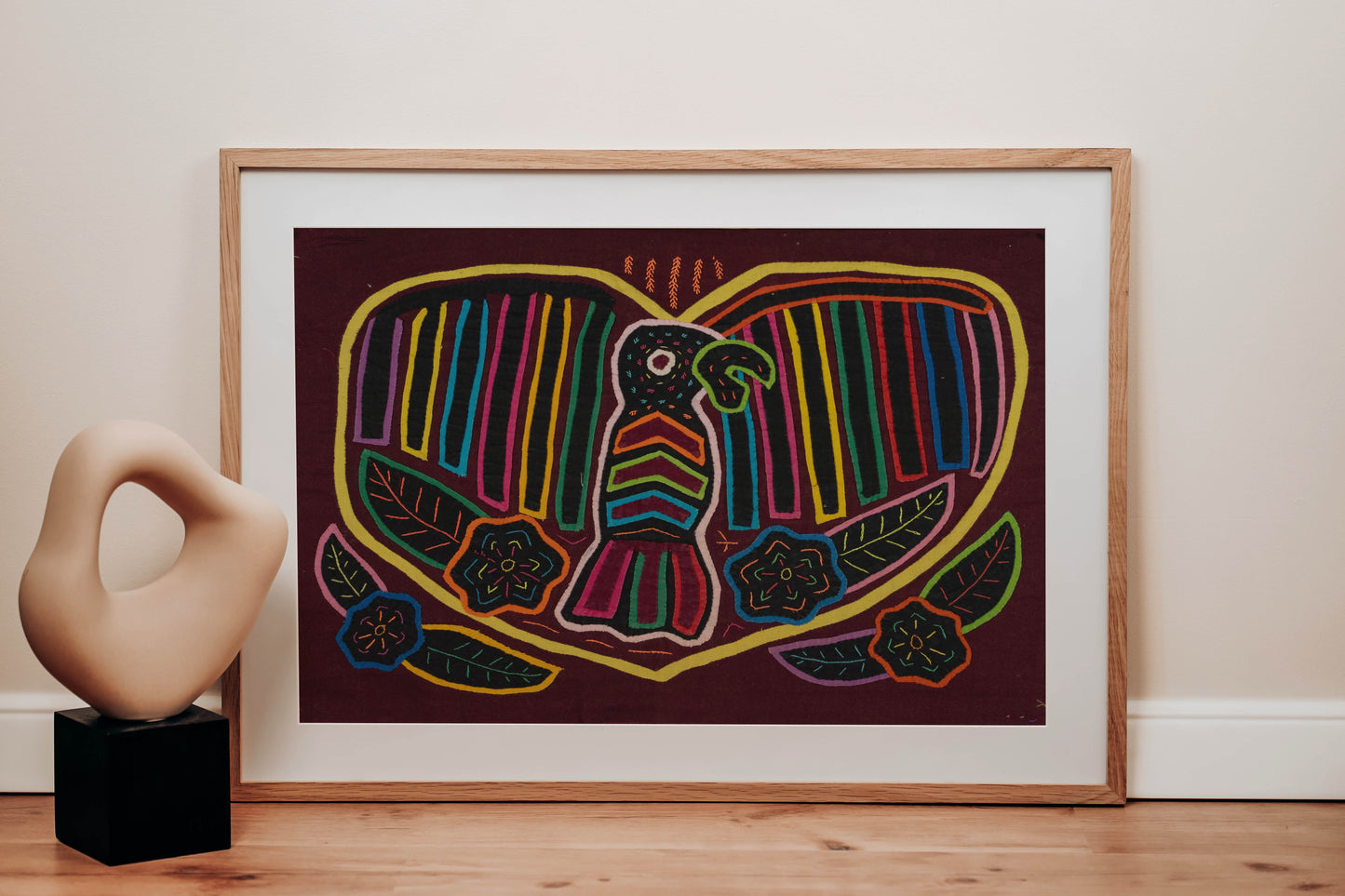 Rainbow Heart Bird Mola Tapestry Folk Art Wall Hanging