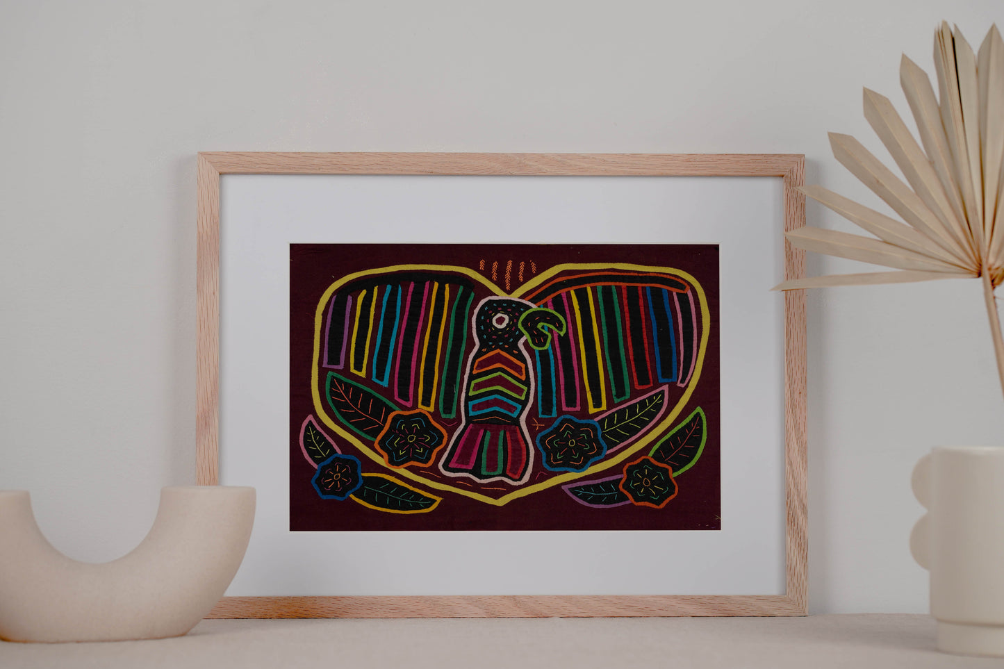 Rainbow Heart Bird Mola Tapestry Folk Art Wall Hanging