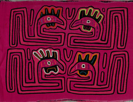 Hand-stitched Panama mola tapestry of a pink rooster head, colorful folk-art fabric wall hanging