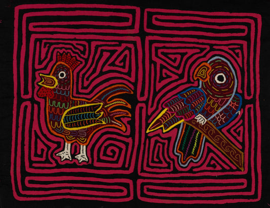 Hand-stitched Panama mola tapestry of a rooster and parrot, colorful folk-art fabric wall hanging