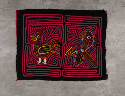 Rooster and Parrot Mola Tapestry Folk Art Wall Hanging