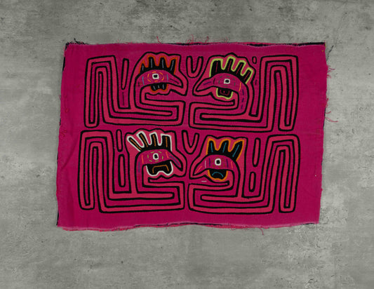 Pink Rooster Head Mola Tapestry Folk Art Wall Hanging
