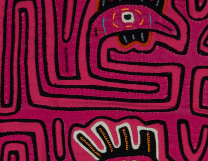 Pink Rooster Head Mola Tapestry Folk Art Wall Hanging
