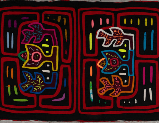 Hand-stitched Panama mola tapestry with a black and red floral motif, colorful folk-art fabric wall hanging