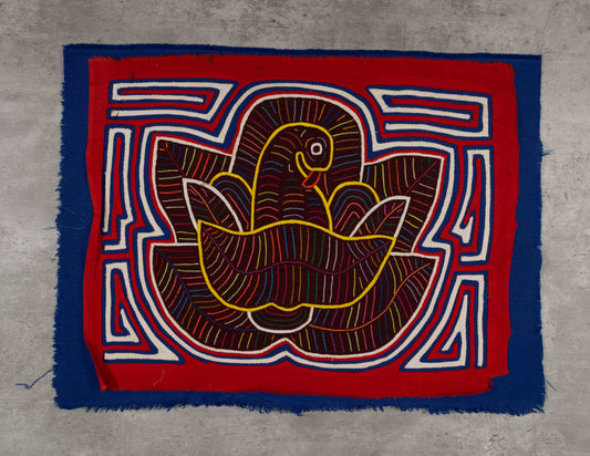 Red White and Blue Bird in Flower Mola Tapestry Wall Hanging