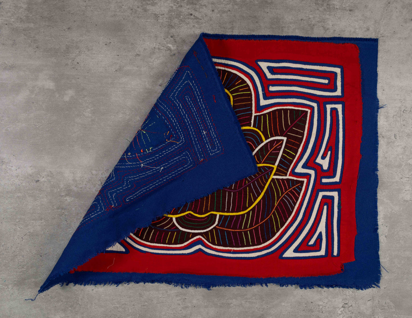 Red White and Blue Bird in Flower Mola Tapestry Wall Hanging