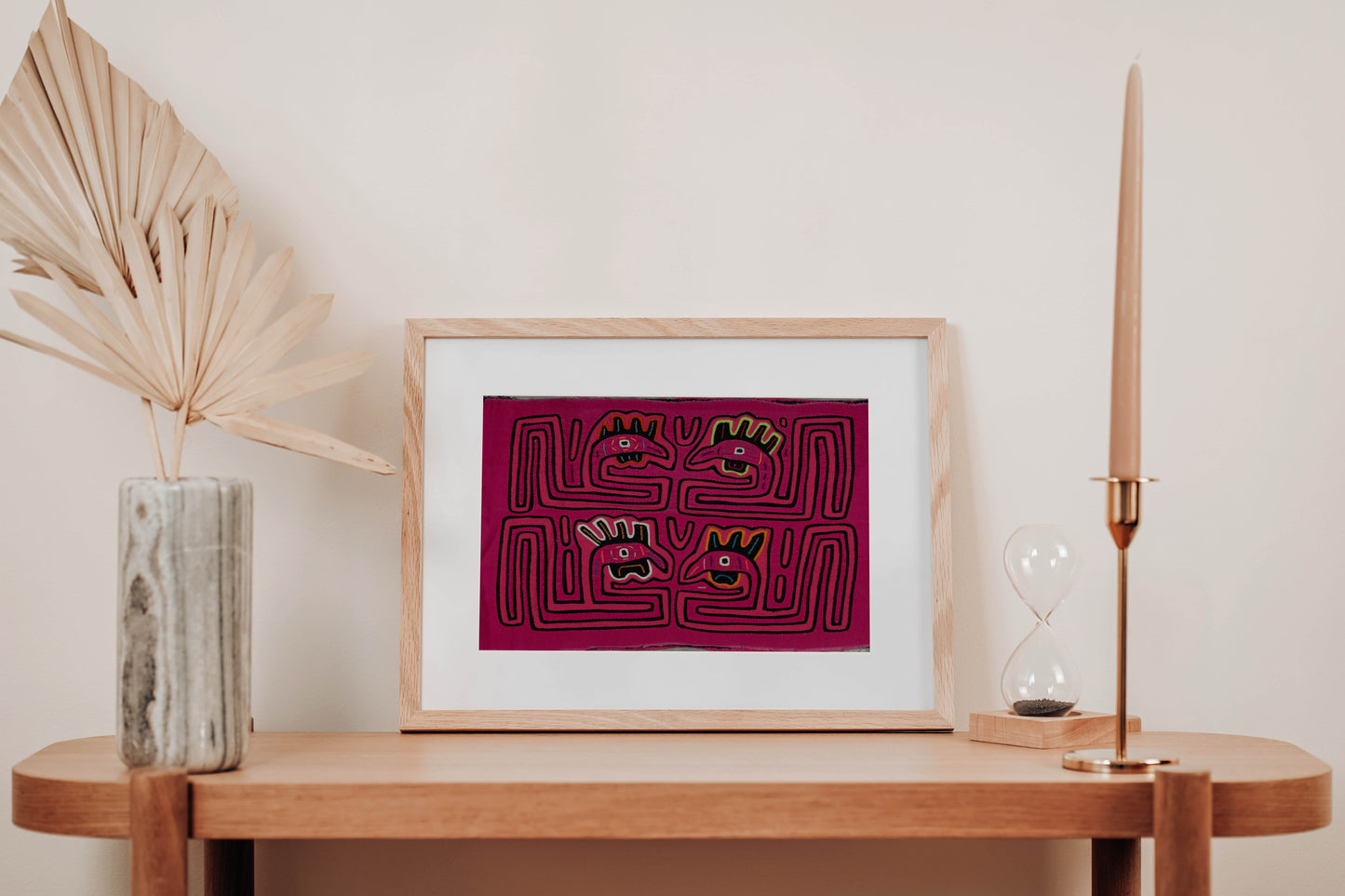 Pink Rooster Head Mola Tapestry Folk Art Wall Hanging