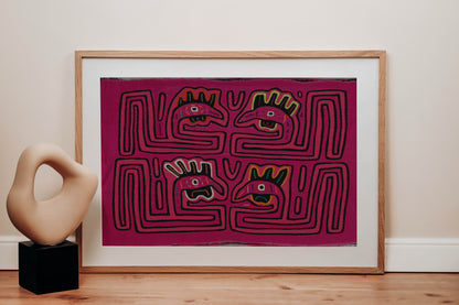 Pink Rooster Head Mola Tapestry Folk Art Wall Hanging