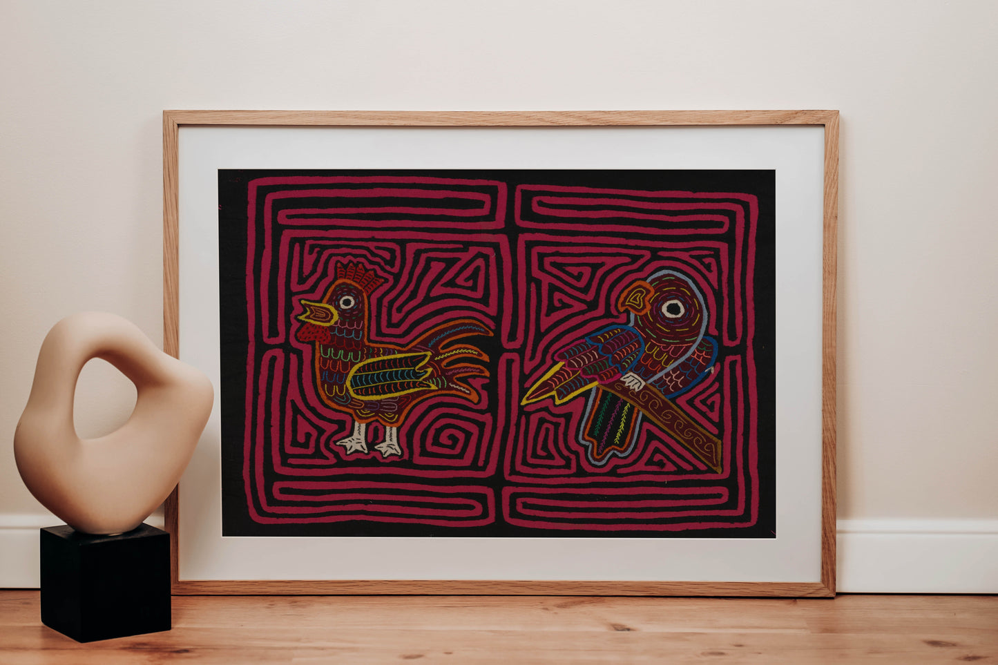 Rooster and Parrot Mola Tapestry Folk Art Wall Hanging