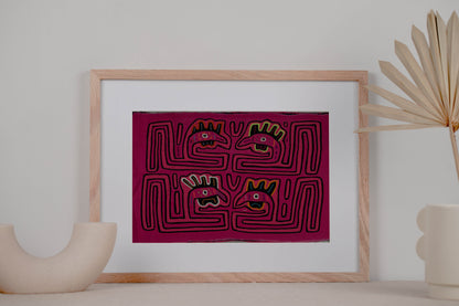Pink Rooster Head Mola Tapestry Folk Art Wall Hanging