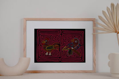 Rooster and Parrot Mola Tapestry Folk Art Wall Hanging
