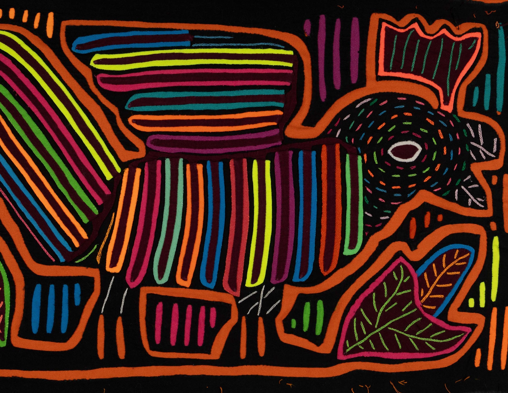 Hand-stitched Panama mola tapestry of a rainbow rooster, colorful folk-art fabric wall hanging