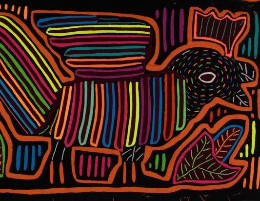 Hand-stitched Panama mola tapestry of a rainbow rooster, colorful folk-art fabric wall hanging