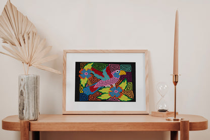 Pink Blue and Red Parrot Mola Tapestry Wall Hanging