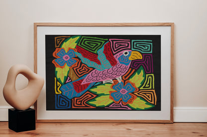 Pink Blue and Red Parrot Mola Tapestry Wall Hanging