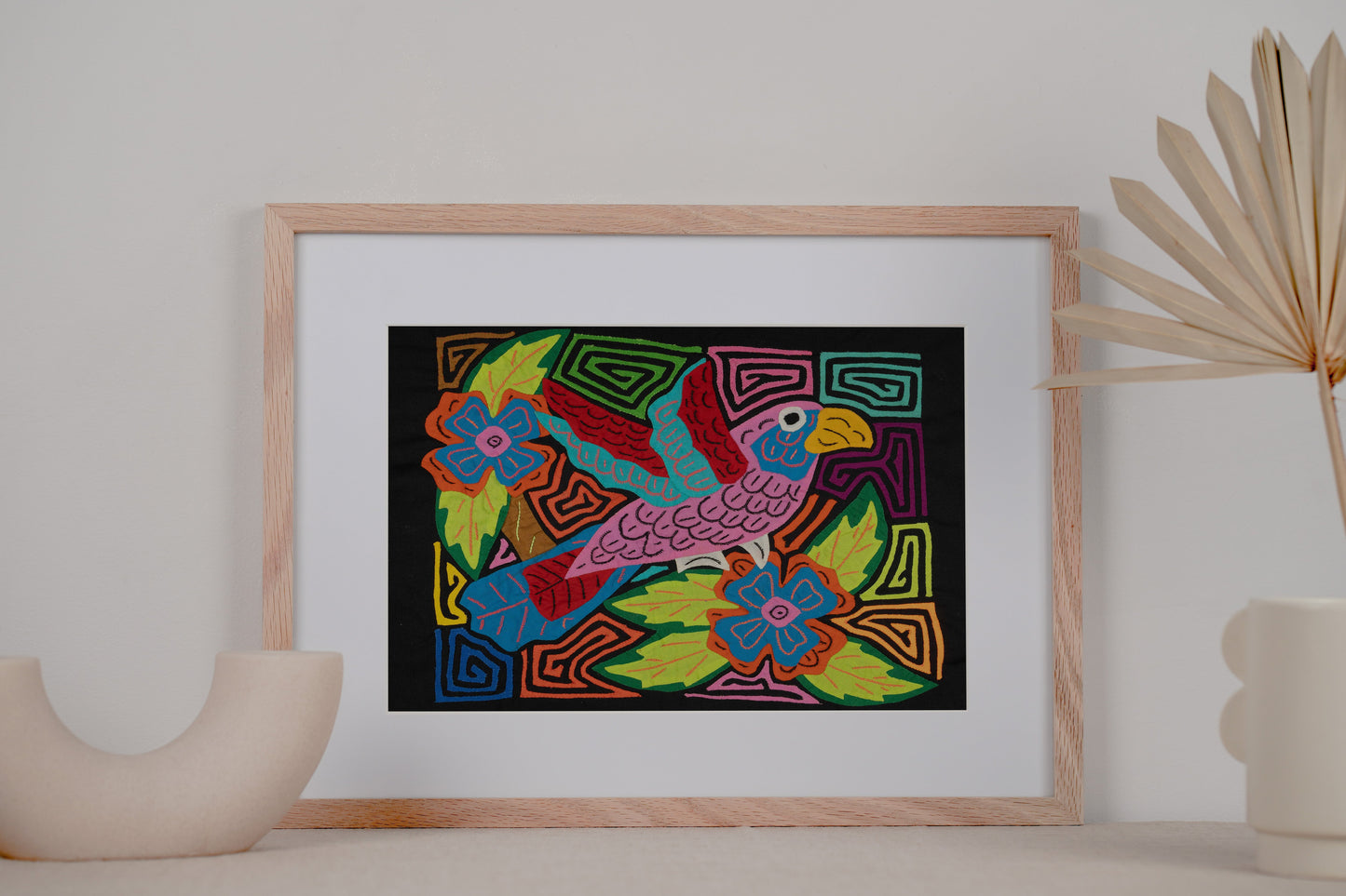 Pink Blue and Red Parrot Mola Tapestry Wall Hanging