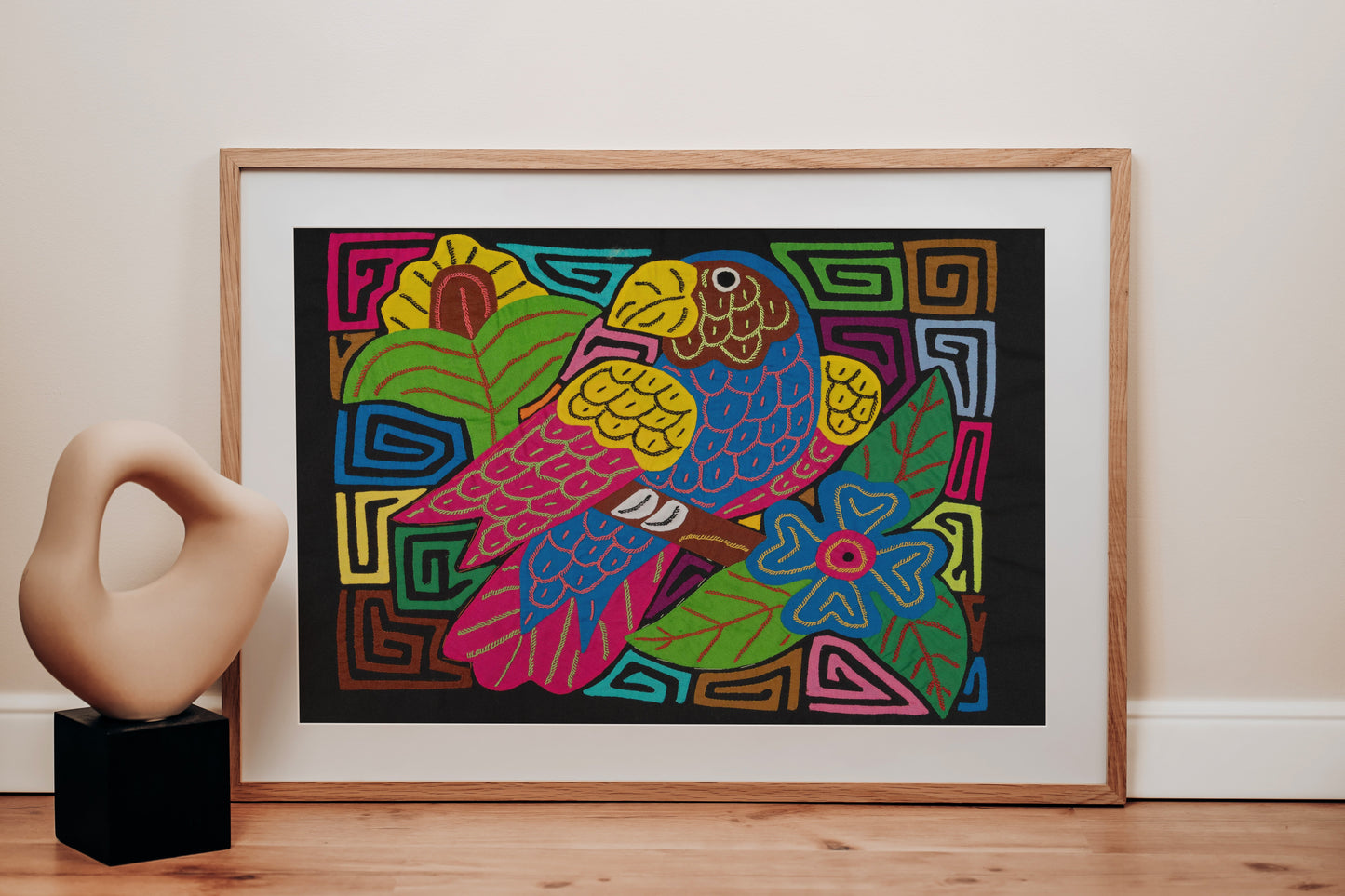 Red and Blue Macaw Parrot Mola Tapestry Wall Hanging
