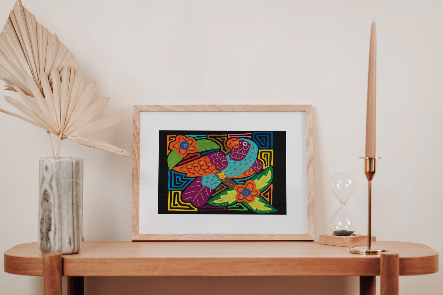 Orange Blue and Purple Parrot Mola Tapestry Wall Hanging